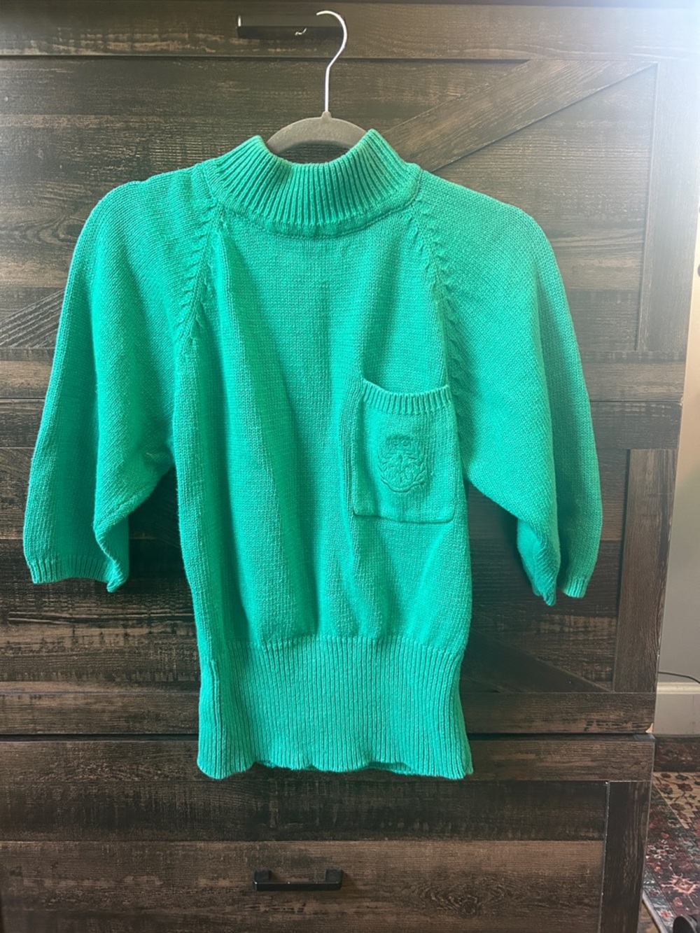 Vintage Teal Knit Pullover Sweater with Chest Pocket